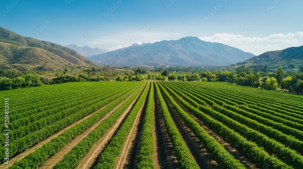 Thriving eco friendly orange grove nestled in a lush verdant countryside landscape with rows of flourishing citrus trees rolling hills and a panoramic mountain backdrop Thriving eco friendly orange grove nestled in a lush verdant countryside landscape with rows of flourishing citrus trees rolling hills and a panoramic mountain backdrop