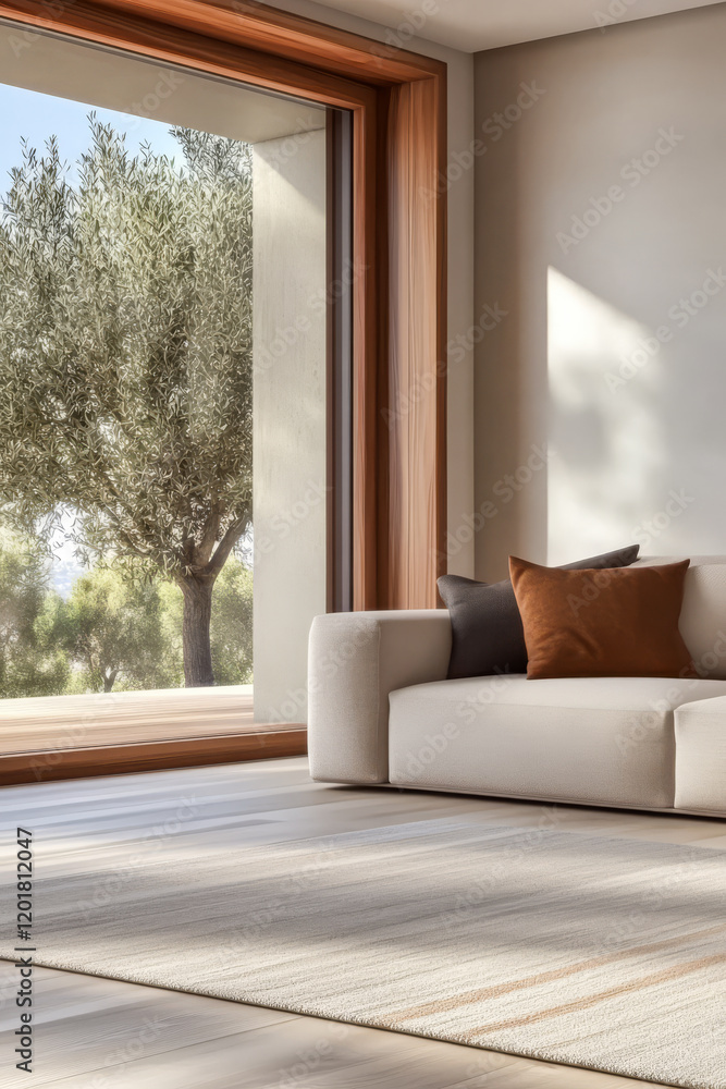 Fototapeta premium Modern living room with large windows offering views of olive trees in bright sunlight