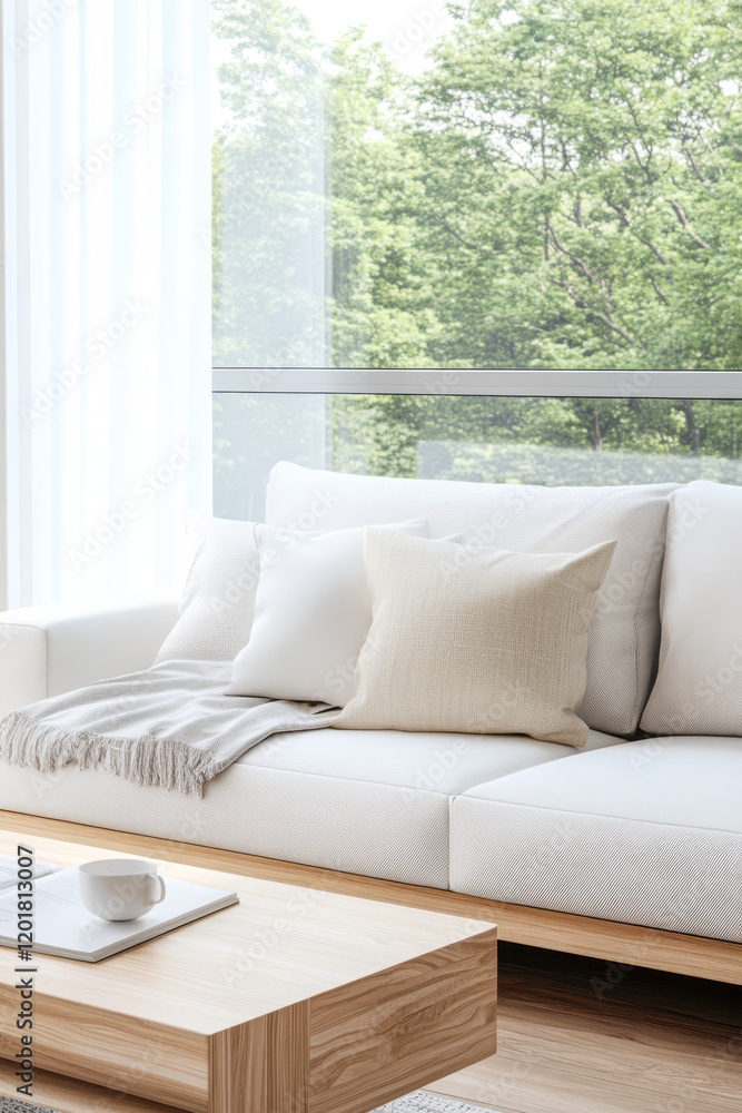 Modern living room with natural light and minimalist decor in a serene setting Modern living room with natural light and minimalist decor in a serene setting