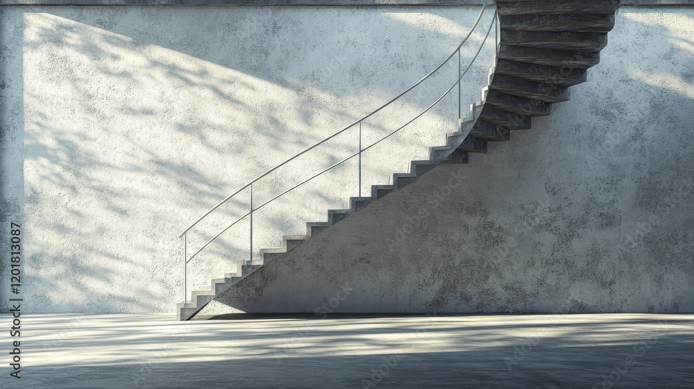 Fototapeta premium A stunning spiral staircase takes center stage in a minimalist environment, enhanced by beautifully textured walls and gentle, natural lighting streaming in during the day