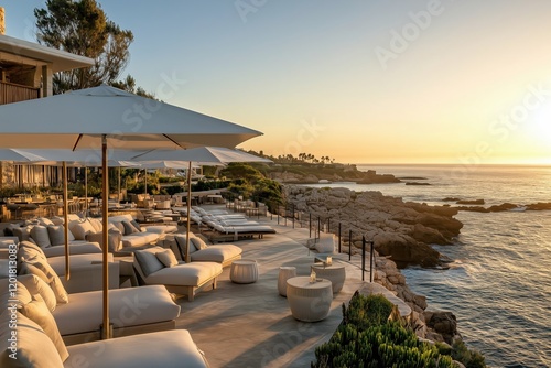 Luxury seaside hotel at sunset, golden light and elegant details