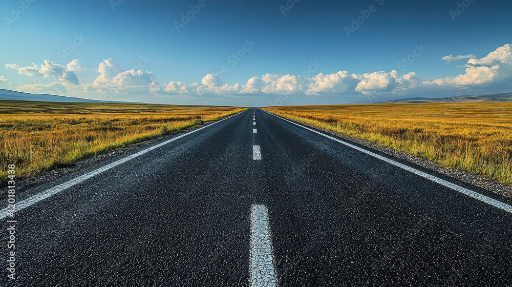 Naklejka premium A vast highway extends endlessly towards the horizon, framed by picturesque rolling hills and illuminated by a bright blue sky on a sunny day