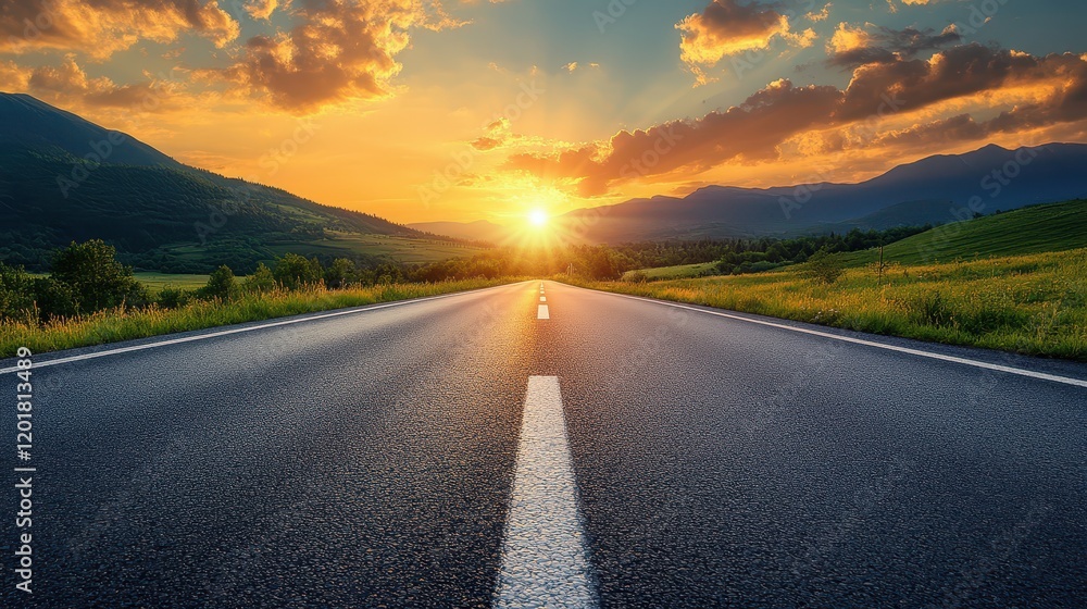 Fototapeta premium Scenic highway stretches into the horizon under a vibrant sunset with mountains in the background offering a tranquil view of nature