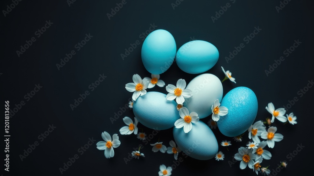 A cluster of light blue and white eggs nestled amongst delicate white flowers on a dark background.