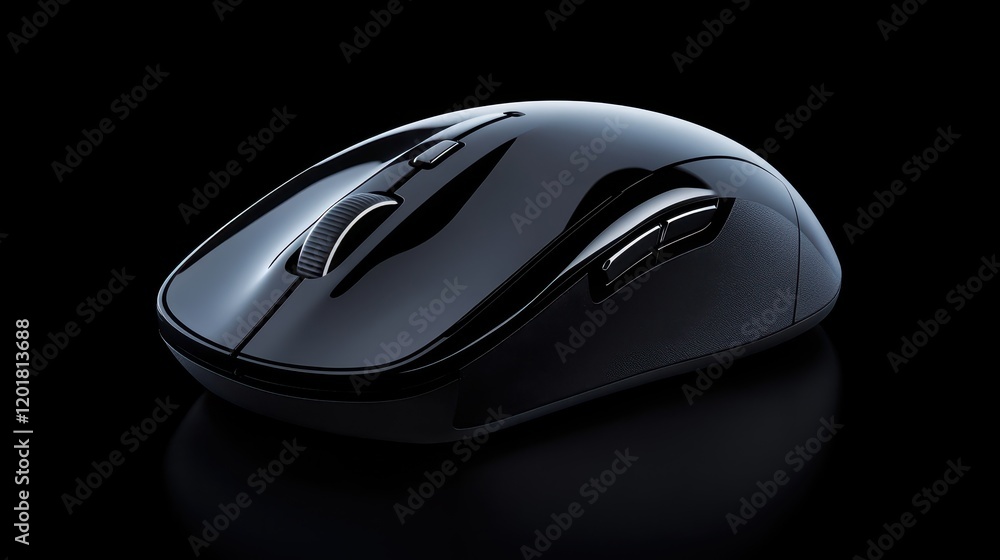 Sleek black wireless mouse resting on a solid bright black surface, showcasing modern design and ergonomic features, perfect for both work and gaming environments Sleek black wireless mouse resting on a solid bright black surface, showcasing modern design and ergonomic features, perfect for both work and gaming environments
