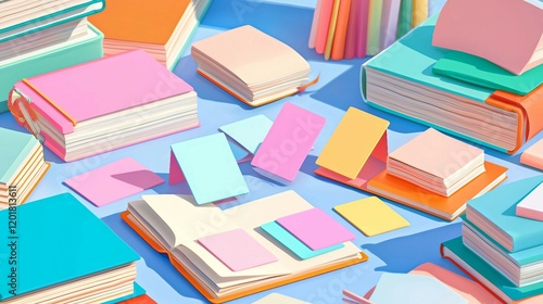 Colorful Stationery Arrangement with Sticky Notes and Notebooks