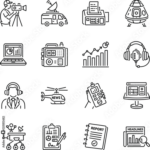 Bundle of Linear Style News Reporting Icons 

