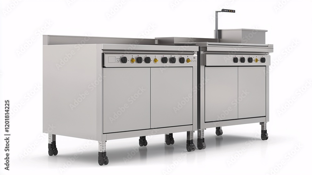 A modern stainless steel cooking station featuring multiple burners and a sink, designed for efficient food preparation in commercial kitchens. A modern stainless steel cooking station featuring multiple burners and a sink, designed for efficient food preparation in commercial kitchens.