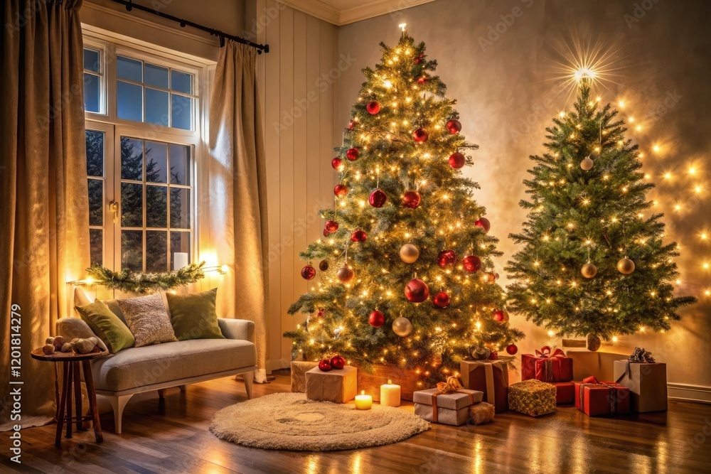 Christmas tree decorated with ornaments and lights in a cozy room, festive centerpiece, rustic furniture Christmas tree decorated with ornaments and lights in a cozy room, festive centerpiece, rustic furniture