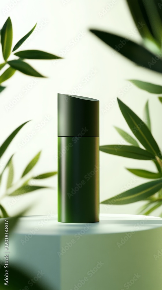 Minimalist green bottle surrounded by lush foliage on a bright surface with soft lighting and a calm atmosphere Minimalist green bottle surrounded by lush foliage on a bright surface with soft lighting and a calm atmosphere