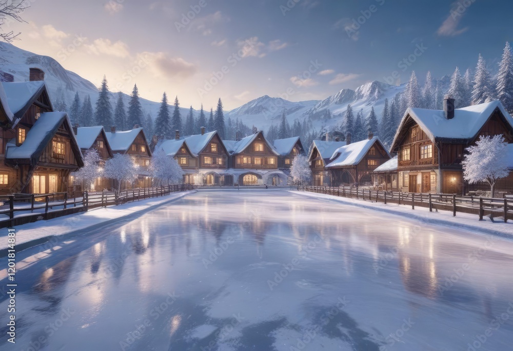 Fototapeta premium Classic Winter Scene with a Snowy Village and Ice Skating Rink, ice skating rink, classic winter scene, cozy winter scene