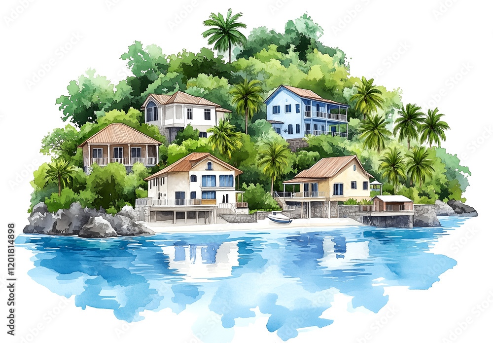 Fototapeta premium A painting of a tropical island with houses and a boat. The mood of the painting is peaceful and relaxing