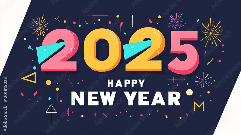 Fototapeta premium Vibrant “2025” Numerical Design with Geometric Shapes and Fireworks, Dark Blue and White Background, Ideal for New Year Celebrations