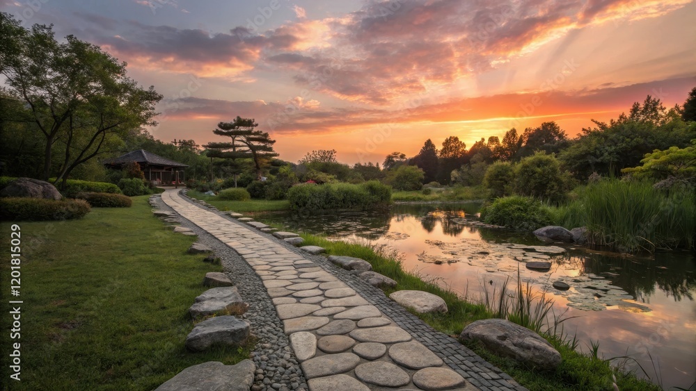 Serene Sunset Stroll A stone path winds through a tranquil garden, leading to a peaceful gazebo beside a reflective pond at sunset. Serene Sunset Stroll A stone path winds through a tranquil garden, leading to a peaceful gazebo beside a reflective pond at sunset.