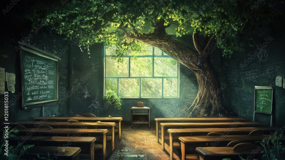 Obraz premium Classroom transformed by nature with a giant tree growing through the window creating a serene learning environment