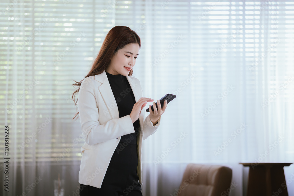 Smiling Thai Asian businesswoman working in a modern office. She is overflowing with professionalism, happiness and success in a corporate environment. Smiling Thai Asian businesswoman working in a modern office. She is overflowing with professionalism, happiness and success in a corporate environment.