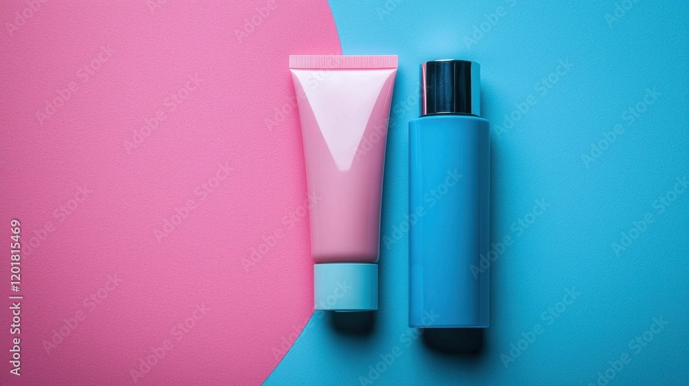An arranged display of skincare products featuring a pink tube and a blue bottle on a contrasting colorful background. Perfect for beauty enthusiasts. An arranged display of skincare products featuring a pink tube and a blue bottle on a contrasting colorful background. Perfect for beauty enthusiasts.