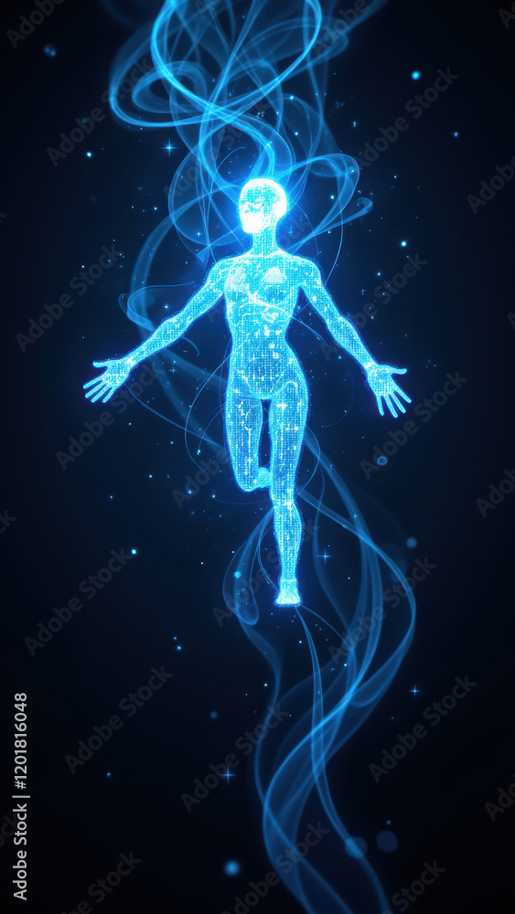 Futuristic AI humanoid figure surrounded by digital smoke and sparkles. Futuristic AI humanoid figure surrounded by digital smoke and sparkles.