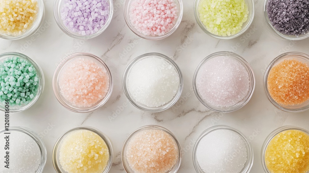 An overhead view of sugar granules of various shades in clear glass bowls.