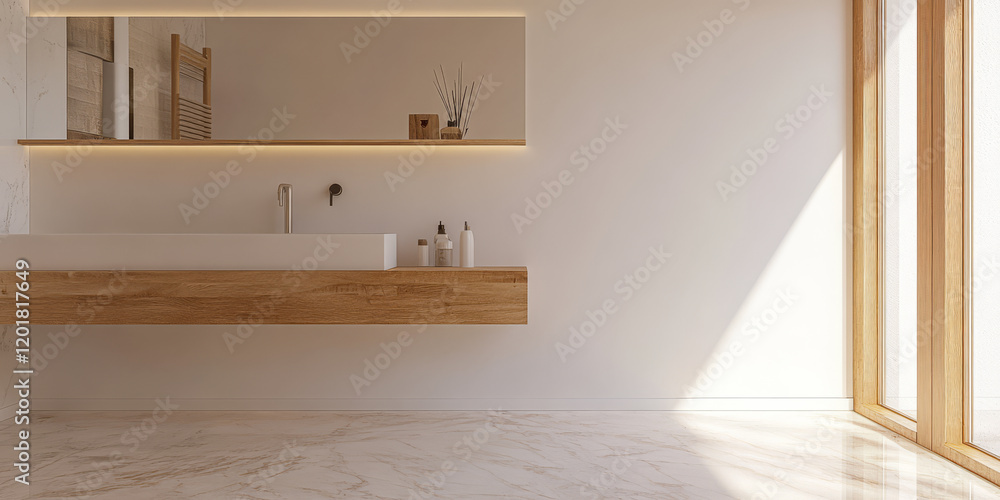 Fototapeta premium Bright and modern bathroom design featuring wooden accents and natural light