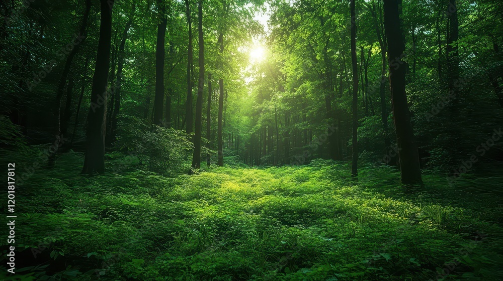 Deep forest green setting awash in sunlight illuminating lush ferns and trees in a tranquil forest landscape during the early morning Deep forest green setting awash in sunlight illuminating lush ferns and trees in a tranquil forest landscape during the early morning