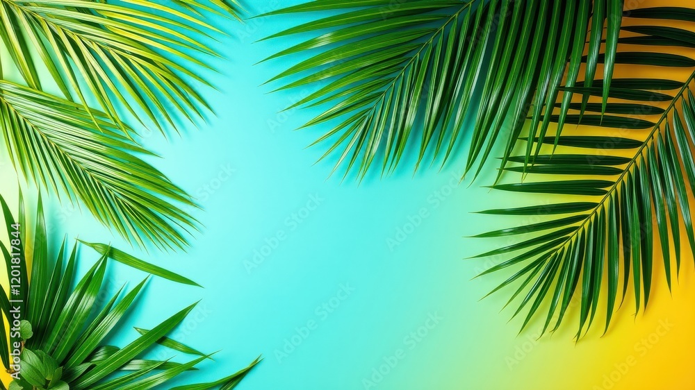 Green palm leaves arranged around a blue and yellow ombre background, creating a vibrant tropical backdrop. Green palm leaves arranged around a blue and yellow ombre background, creating a vibrant tropical backdrop.