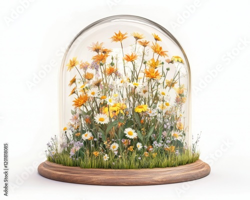 Beautiful miniature garden under glass dome filled with vibrant flowers and green grass. photo