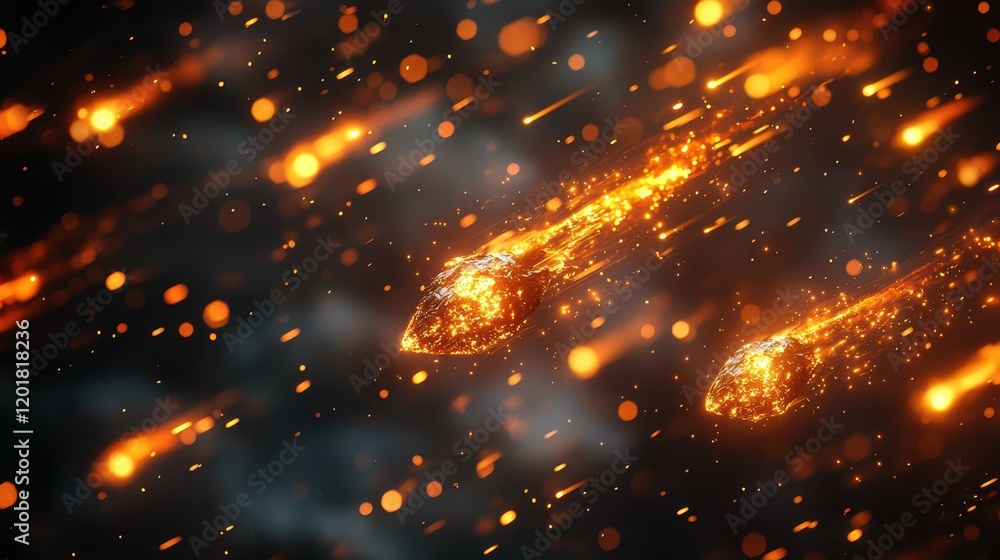 Fototapeta premium Golden meteors shimmer as they cascade through the pitch-black sky, unleashing a spectacular display of chaos and awe in this breathtaking celestial event