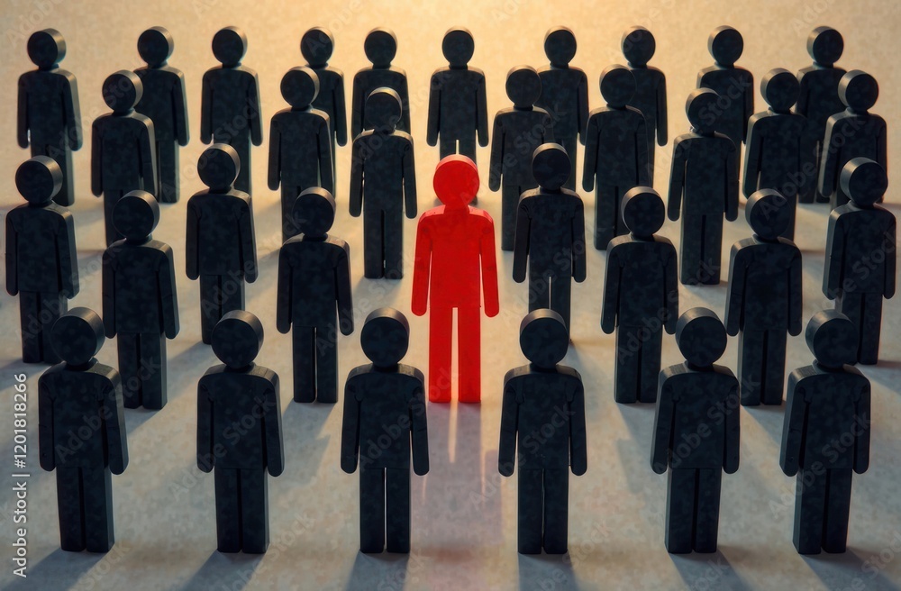 Unique color red human shape among dark ones. Leadership, individuality and standing out of crowd concept on black background Unique color red human shape among dark ones. Leadership, individuality and standing out of crowd concept on black background