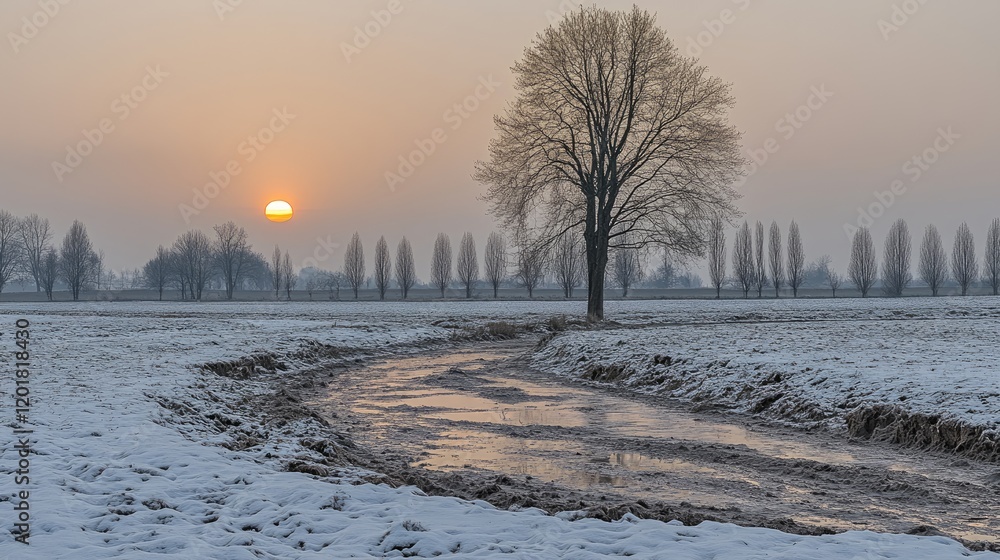 Winter sunset over snowy field, lone tree by stream. Peaceful nature scene, ideal for calendar, wallpaper Winter sunset over snowy field, lone tree by stream. Peaceful nature scene, ideal for calendar, wallpaper