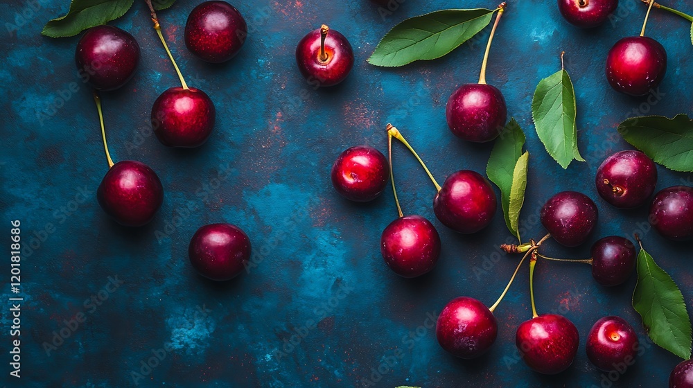 Ripe Red Cherries Scattered On Dark Blue Background