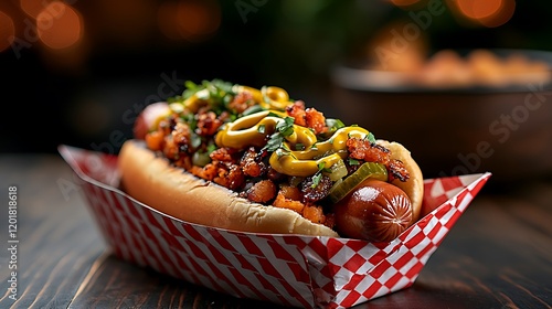 Gourmet Hot Dog with Toppings in a Cozy Setting photo