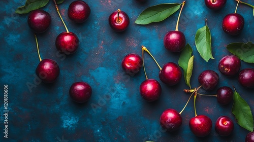 Obraz na płótnie Ripe Red Cherries Scattered On Dark Blue Background w salonie