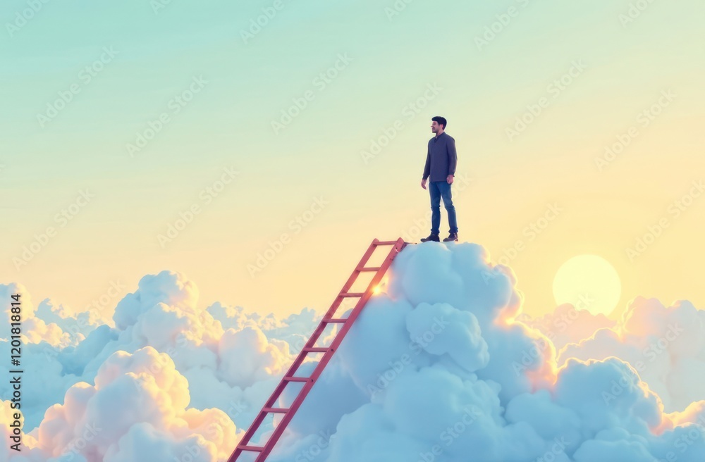 man standing on top of ladder above clouds. Symbol of new opportunities, career ladder, visionary, success, promotion man standing on top of ladder above clouds. Symbol of new opportunities, career ladder, visionary, success, promotion