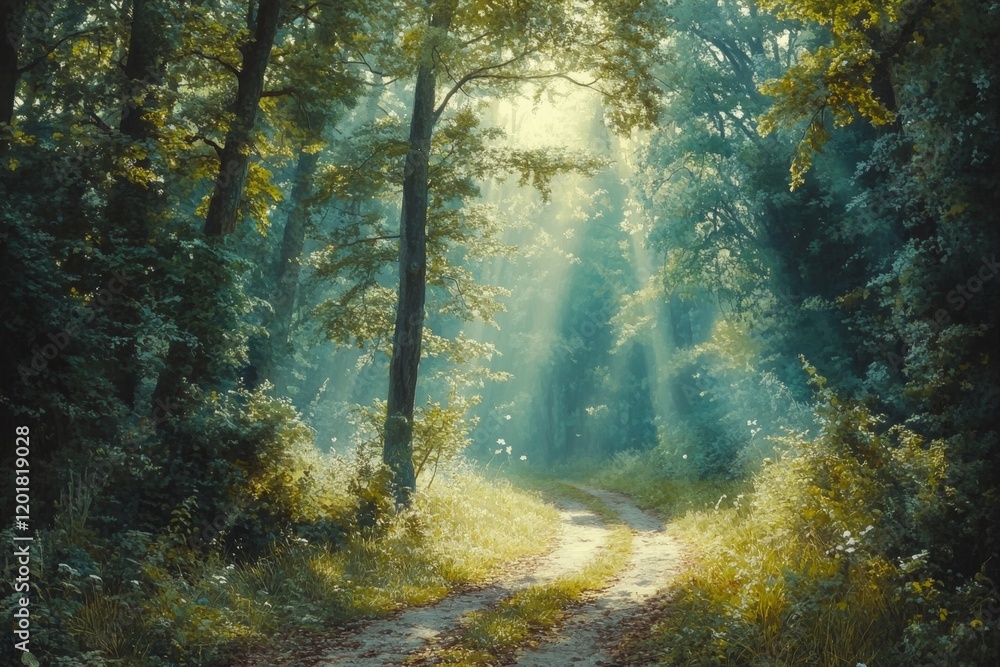 Obraz premium Serene Sunlit Pathway Through a Green Forest