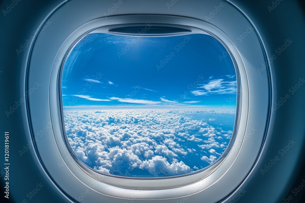 View of Blue Sky and White Clouds from Airplane Window View of Blue Sky and White Clouds from Airplane Window