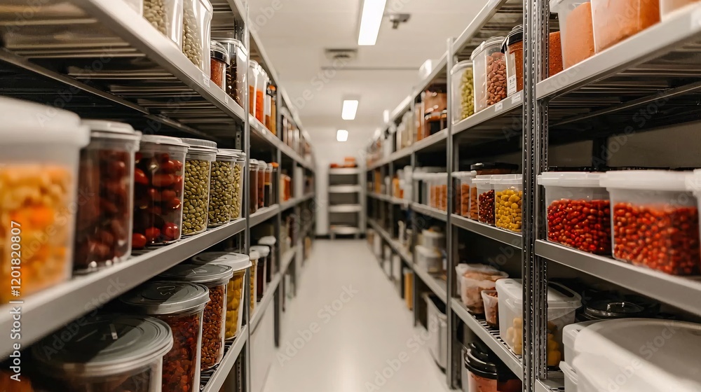 Obraz premium A well-organized storage room filled with shelves of jars and containers, showcasing various preserved foods and ingredients.