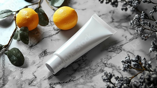 A minimalist white tube of cream positioned on a marble surface with yellow citrus fruits and foliage, emphasizing natural beauty. photo