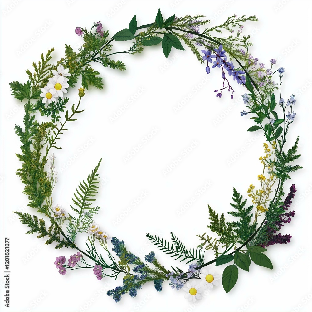 A beautiful circular arrangement of fresh wildflowers and green foliage, perfect for spring and nature-themed designs. A beautiful circular arrangement of fresh wildflowers and green foliage, perfect for spring and nature-themed designs.