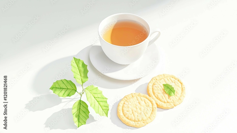 Fresh Tea and Cookies on a Bright White Surface with Leaves Fresh Tea and Cookies on a Bright White Surface with Leaves