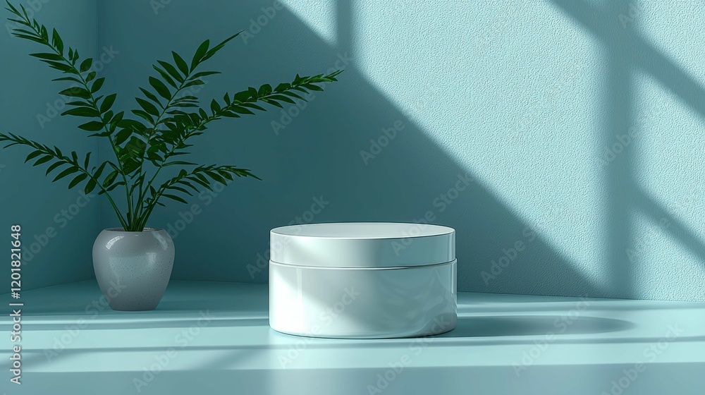 A serene skincare jar displayed on a table, accompanied by a green plant for a fresh aesthetic. The setting reflects a modern and minimalistic design. A serene skincare jar displayed on a table, accompanied by a green plant for a fresh aesthetic. The setting reflects a modern and minimalistic design.