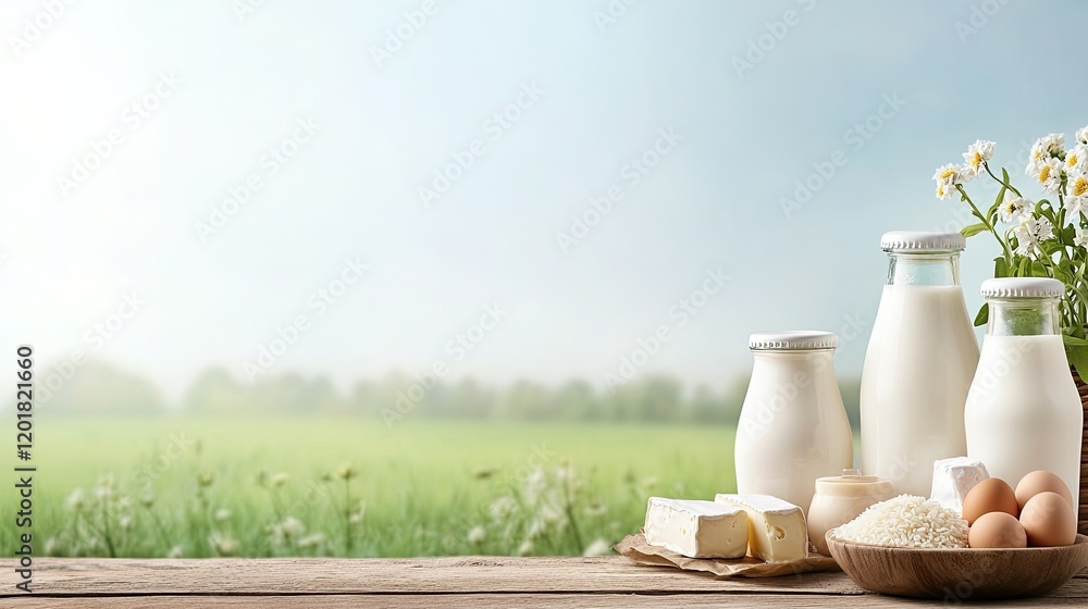 A variety of dairy products are beautifully arranged on wooden tables with cows grazing in a lush green meadow nearby. A variety of dairy products are beautifully arranged on wooden tables with cows grazing in a lush green meadow nearby.