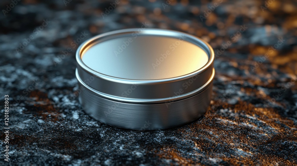 A close-up view of a stylish metallic tin container sitting on textured stone. It features a smooth surface and is ideal for packaging products.
