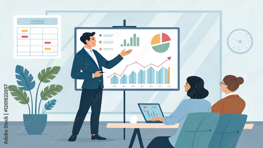financial expert presenting data analysis in modern office setting financial expert presenting data analysis in modern office setting