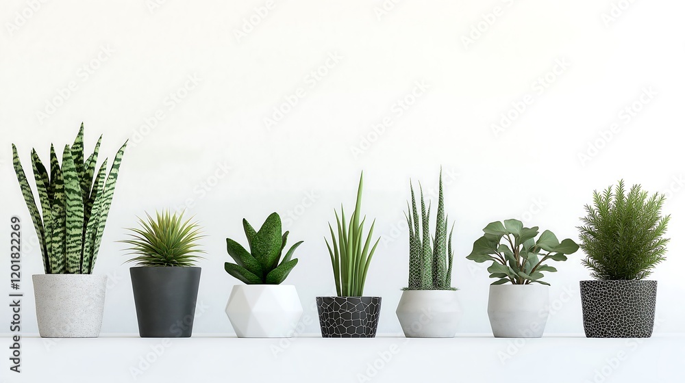 Fototapeta premium A row of minimalistic potted plants, each in different geometric pots, on a pristine white surface.