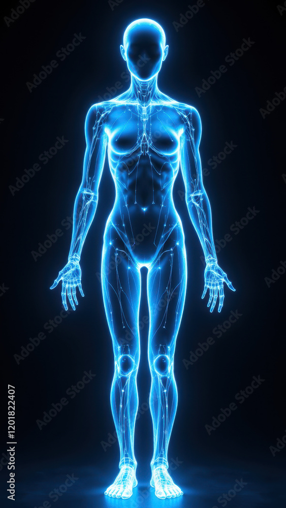 A realistic-looking AI generated image of a female character with a humanoid body structure and futuristic blue light accents. A realistic-looking AI generated image of a female character with a humanoid body structure and futuristic blue light accents.