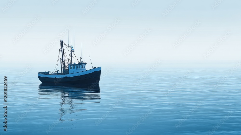 A fishing boat floating peacefully in the calm waters of a summer bay. A fishing boat floating peacefully in the calm waters of a summer bay.