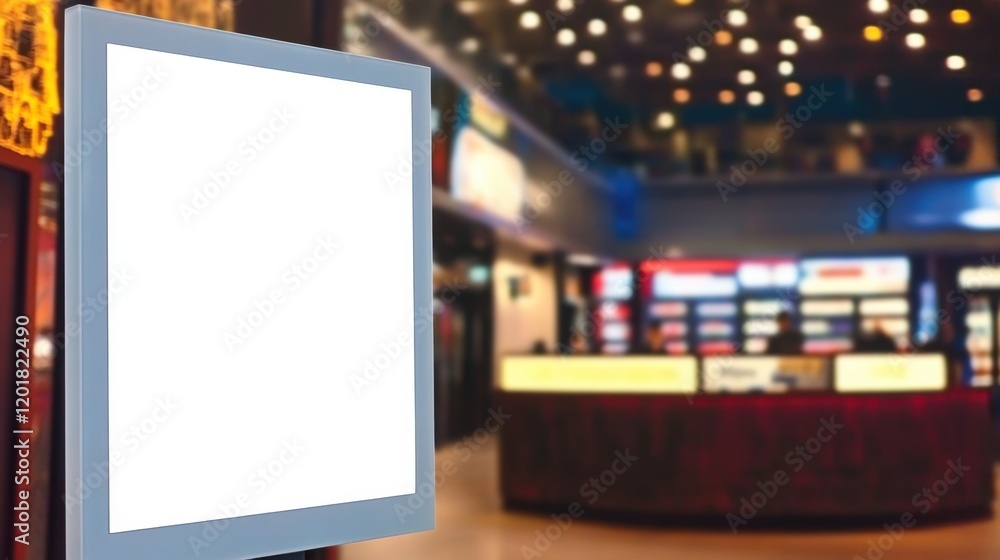 blank showcase billboard or advertising light box for your text message or media content with blurred image of ticket sales counter at movie theater, advertisement, marketing, entertainment concept blank showcase billboard or advertising light box for your text message or media content with blurred image of ticket sales counter at movie theater, advertisement, marketing, entertainment concept