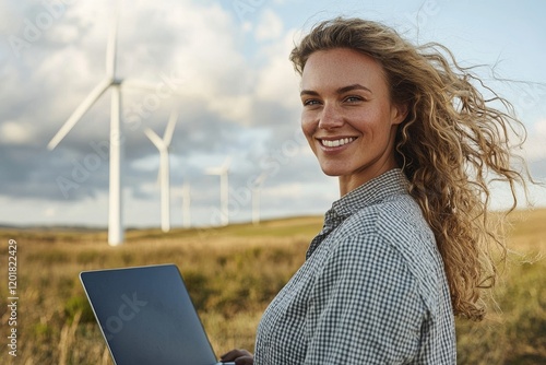 At sunset, an engineer stands at a wind farm, looking at the camera while holding a laptop.