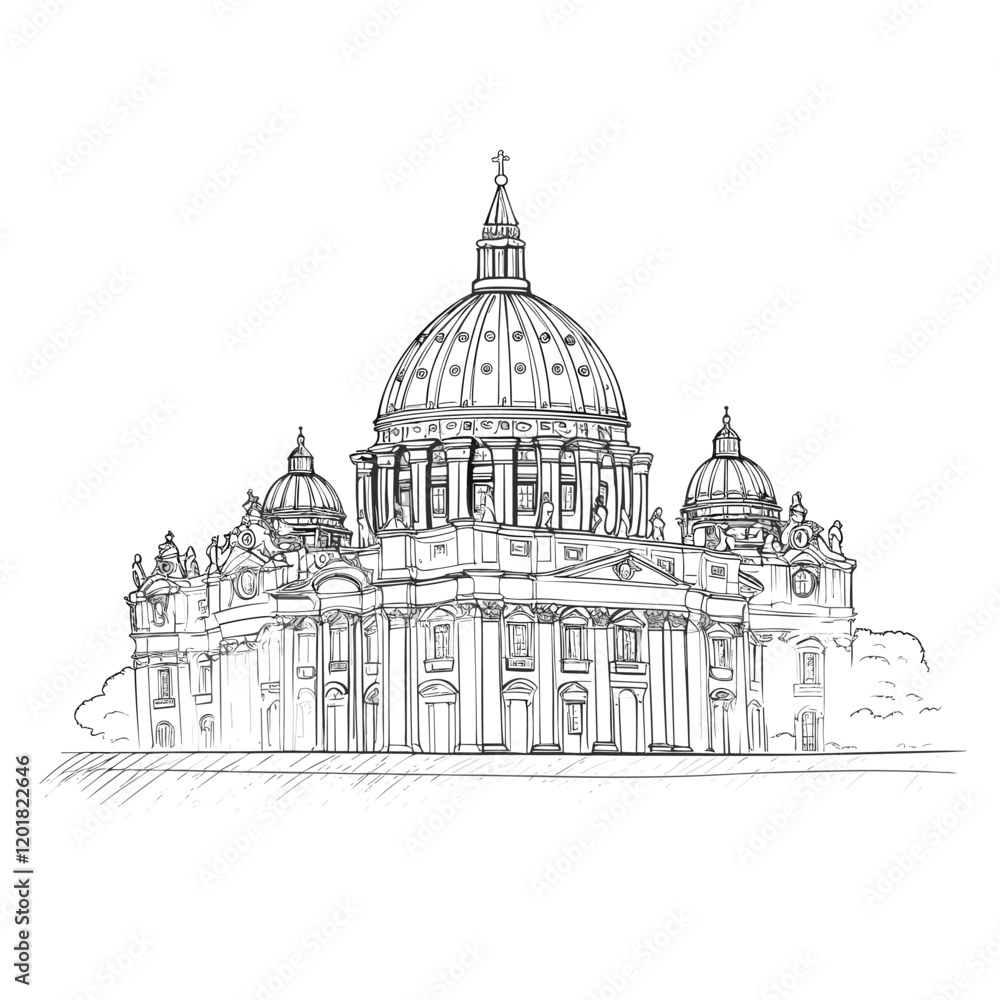 Obraz premium Basilica of Saint Peter hand-drawn comic illustration. Saint Peter's Basilica. Vector doodle style cartoon illustration